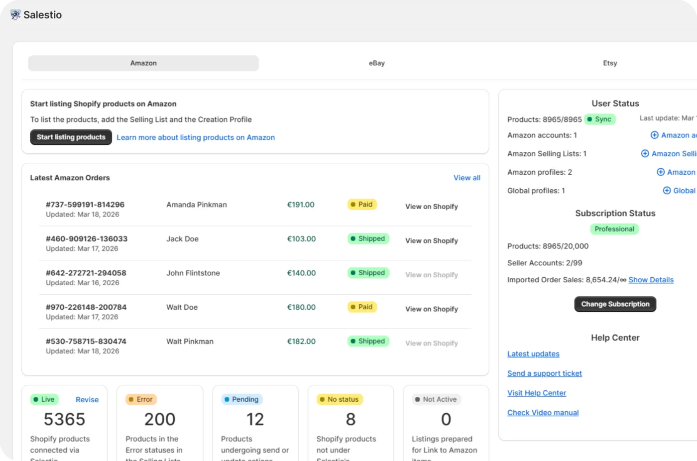 The Salestio dashboard showing Amazon, eBay and Etsy tabs, recent marketplace orders imported into Shopify, and product sync statuses.